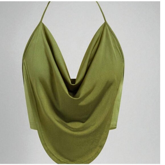 New Women's Olive-Colored Satin Top with Drapery and Open Back Size: L (8-10) - Picture 2 of 6